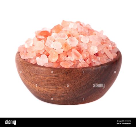 Himalayan Pink Salt In Wooden Bowl Isolated On White Background