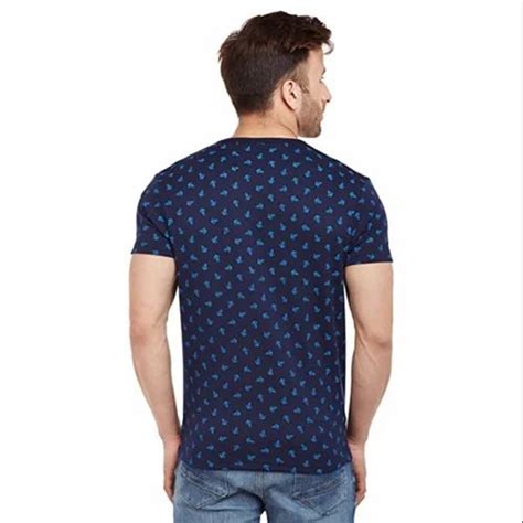 Printed Navy Blue Men Half Sleeves Cotton T Shirts Round Neck At Rs