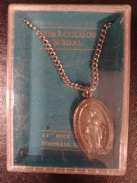 Miraculous Medal Vintage Silver Mother Mary Necklace Gem