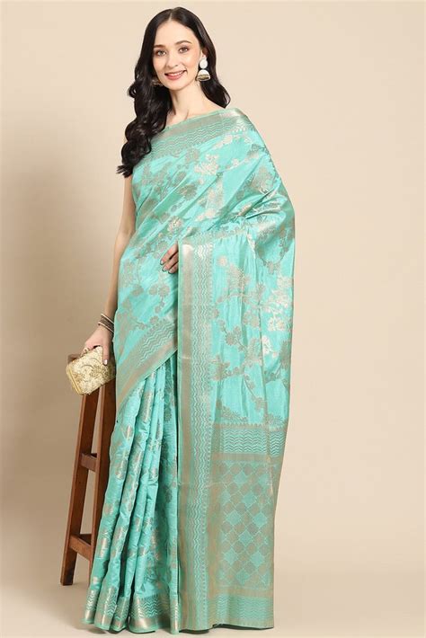 Admyrin Sea Green Silk Blend Woven Saree With Blouse Piece At Rs 1999