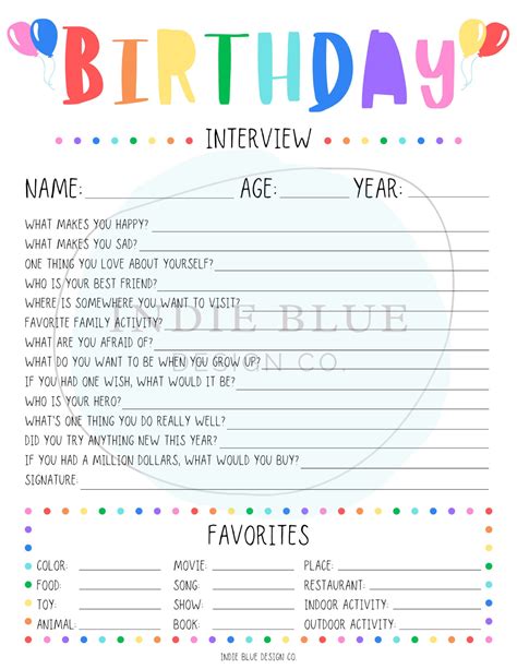 Printable Kids Birthday Interview Annual Interview Birthday Etsy