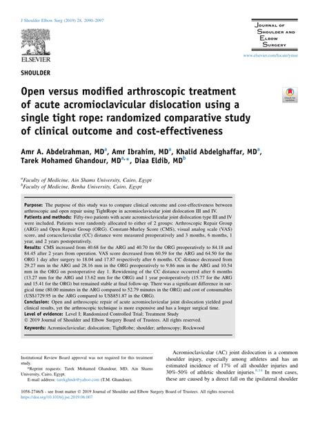 Pdf Open Versus Modified Arthroscopic Treatment Of Acute Acromioclavicular Dislocation Using A