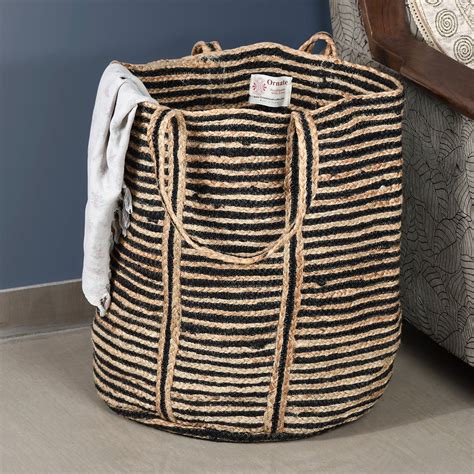 Xl Stripes Woven Jute Basket Handmade In India Ornate Handicrafts