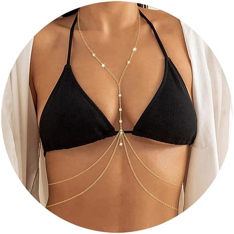 Mo Finance K Gold Sexy Body Chains For Women Layered Rhinestone Crossover Bikini Bra