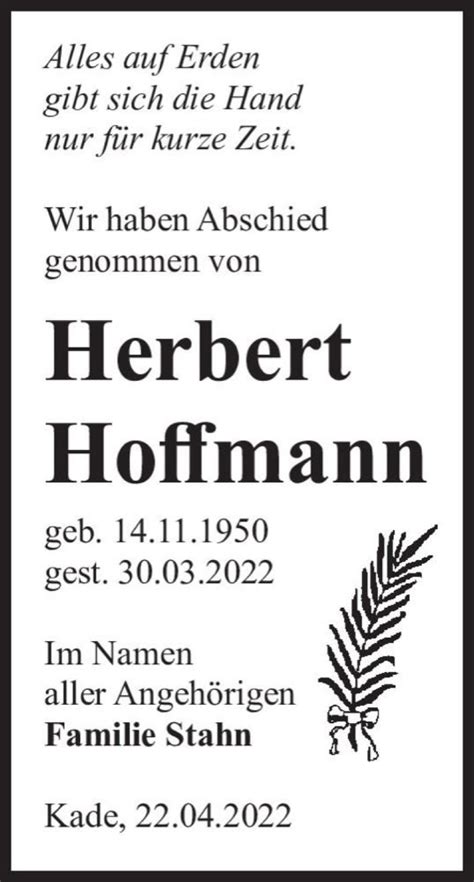 Traueranzeigen Von Herbert Hoffmann Abschied Nehmen De