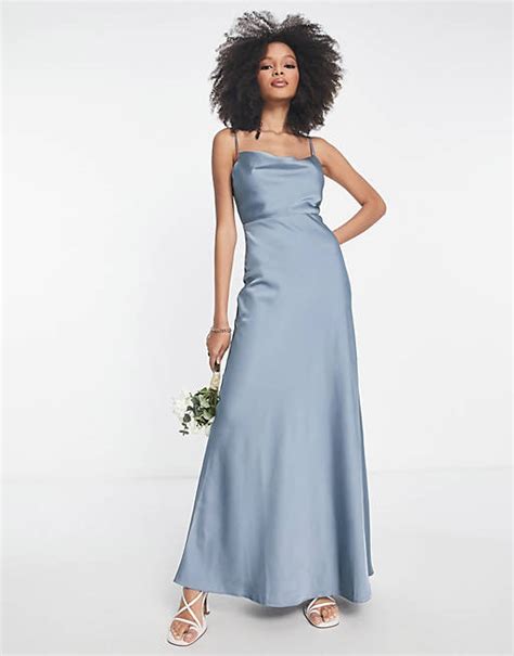 Asos Edition Satin Cowl Neck Maxi Dress With Full Skirt In Dusky Blue Asos