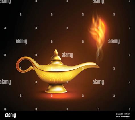 Realistic Aladdin Lamp Smoke Icon Yellow Iron Placed On The Surface And