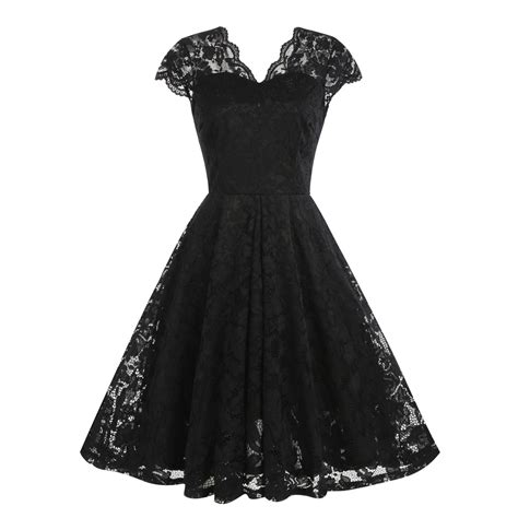 Quyuon Cocktail Dresses For Women Evening Party Floral Lace Midi Dress Wedding Guest Black Dress