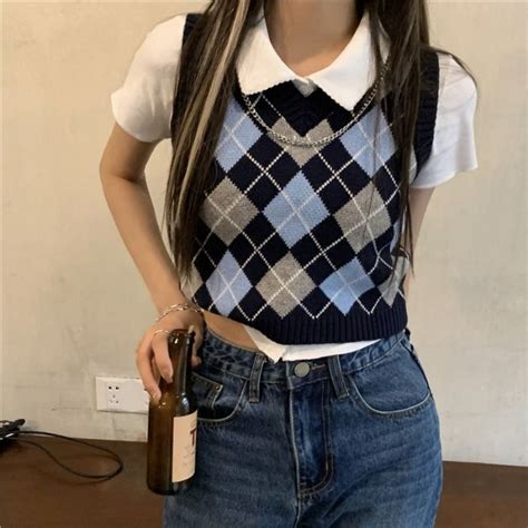 Kotak Kotak Rompi Rajut Korea Gaya Retro Vest Knit Baju Crop Lazada