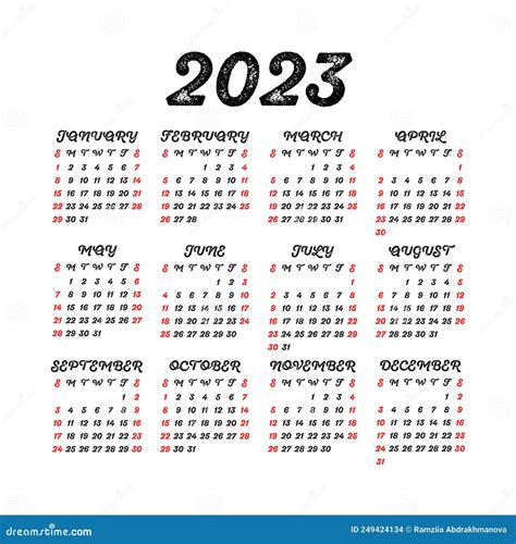 Calendar Basis 2023 Week Starts On Sunday Stock Vector Illustration