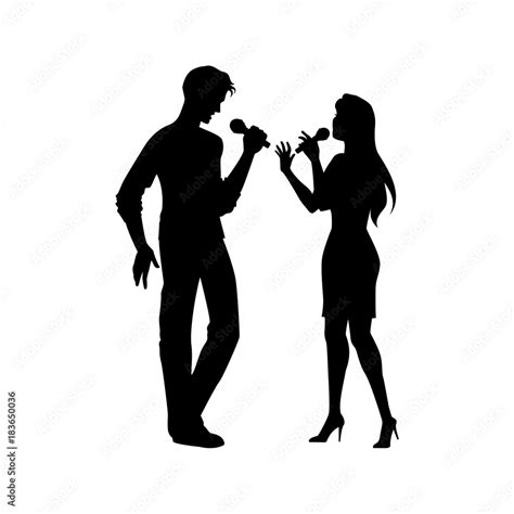 Full Length Portrait Figures Of Man And Woman Singing With Microphones