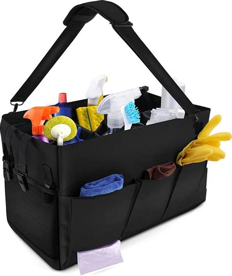 A Large Black Bag Filled With Cleaning Supplies And Toiletries On Top