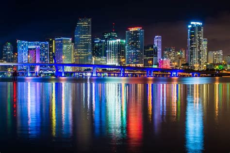 The Miami Skyline At Night Seen From Watson Island Miami