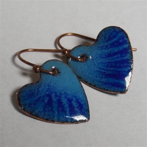 Enameled Copper Earrings Cobalt Blue Stripes On Aqua Hearts Drop