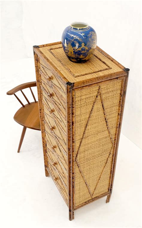 Tall Burnt Bamboo Cane Lingerie Chest Of Drawers Dresser Cabinet Stunning MINT For Sale At StDibs