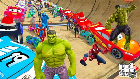 Spiderman Hulk Moto Mcqueen Cars Monster Trucks Mega Ramp Jump