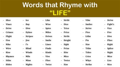 Life Rhyme Words Words That Rhyme With Life Rhymes Words Rhyming