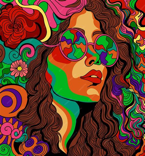 Premium Vector Psychedelic Hippie Woman With Glasses Vector Poster