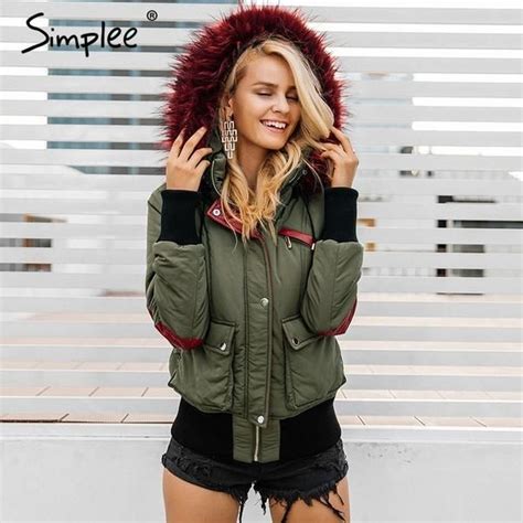 Simplee Hood Padded Parka Winter Jacket Women Coat Fur Warm Pocket