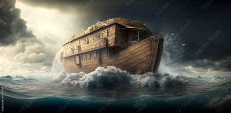 Illustration of Noah's Ark on the stormy sea AI generated content Stock ...