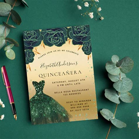 Quinceanera Emerald Green Gold Dress Floral Luxury Invitation Zazzle