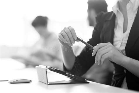 Female Hands Holding Pen On Business Meeting Stock Image Image Of