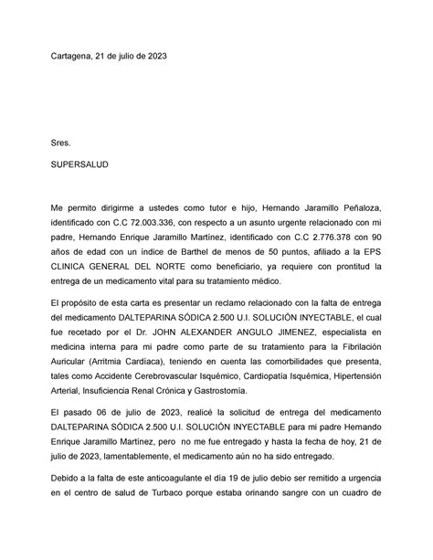 Carta A Supersalud Hernando Jaramillo Cartagena De Julio De