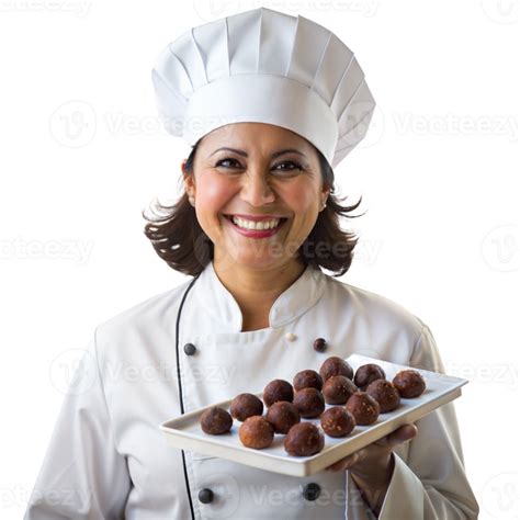 Smiling Female Chef Presenting A Plate Of Delicious Desserts 44245473 PNG