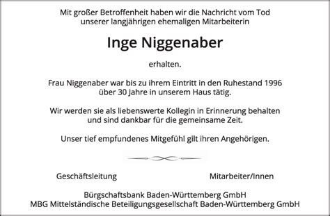 Traueranzeigen Von Inge Niggenaber Stuttgart Gedenkt De