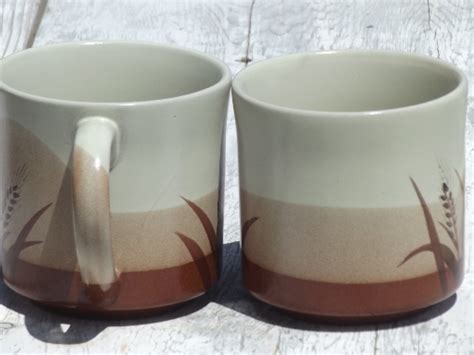 Vintage Brown Wheat Stoneware Coffee Mugs Retro 70s 80s Japan