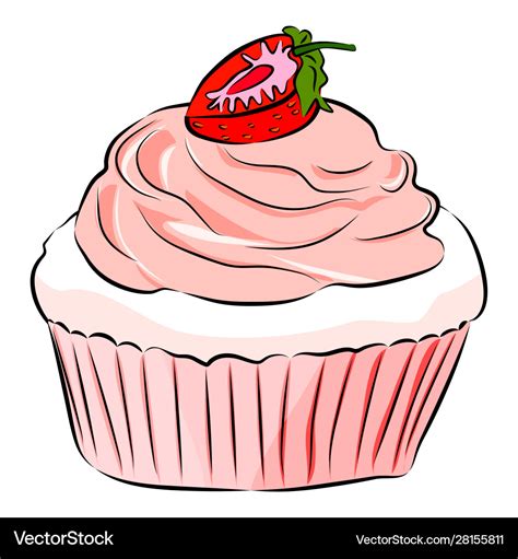 Cute Cartoon Cupcake With Strawberry Isolated On Vector Image