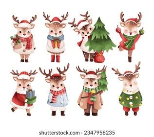 Watercolor Illustration Set Christmas Reindeer Face Stock Vector