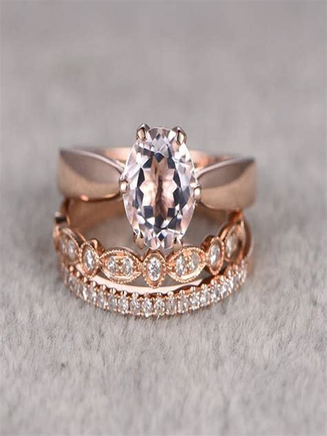 2 Carat Morganite And Diamond Trio Wedding Bridal Ring Set In 10k Rose Gold With One Engagement