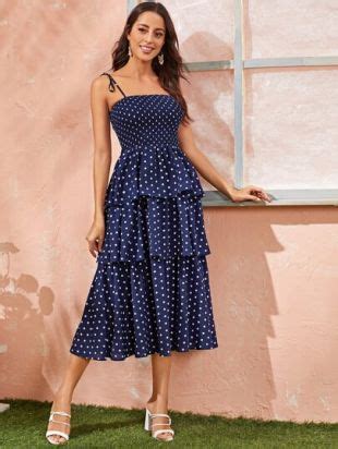 Shein Shirred Bodice Layered Ruffle Hem Polka Dot Cami Dress