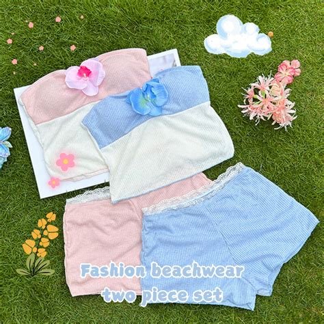 summer bikini ชดวายนำผหญง ทพช เกาะอก beachwear pink set เซกซ มฟองนำ 0740 Shopee