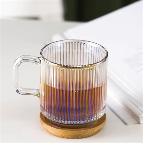 Ribbed Clear Iridescent Glass Tumbler Mug With Bamboo Cup Etsy