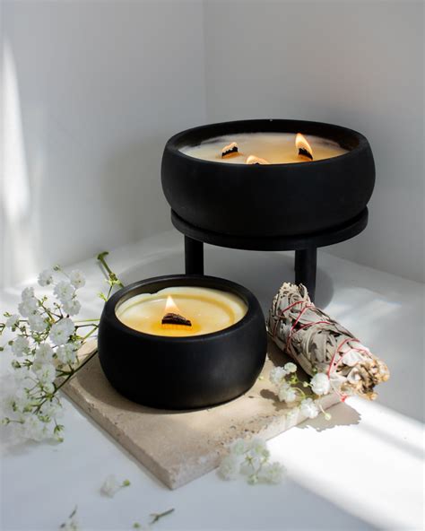 Pause Coconut Soy Candle Black Concrete Wooden Wick Vessel Janet Gwen Designs