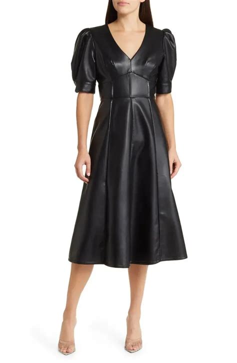 Du Paradis Puff Sleeve Faux Leather Midi Dress Black Editorialist