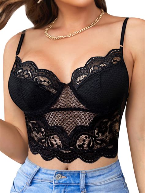 Popiv Womens Lace Bralette Bustier Crop Tops Sexy Floral Corset Lingerie Tops Lace Bra Cami