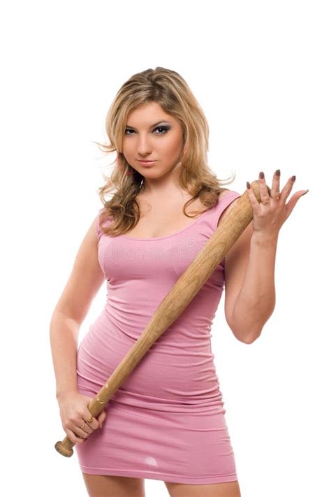 Portrait De Jeune Blonde Gaie Avec Une Batte Photo Stock Image Du Personne Pose