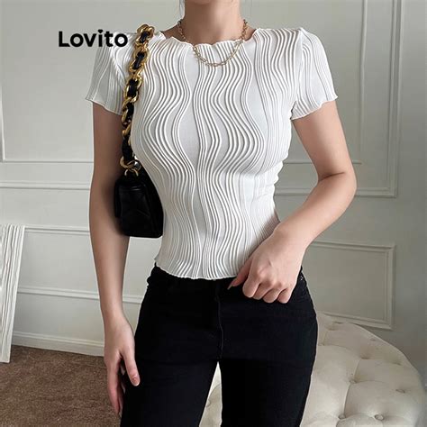 Lovito Casual Camiseta Feminina Lisa Texturizada Lna Branca