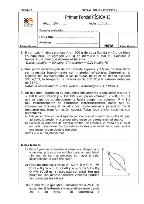 Primer Parcial De Fisica Ii T Ema Tema Total Hojas Escritas