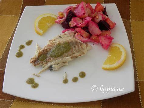 Tsipoura Gilthead Sea Bream With Caper Vinaigrette And Pantzarosalata