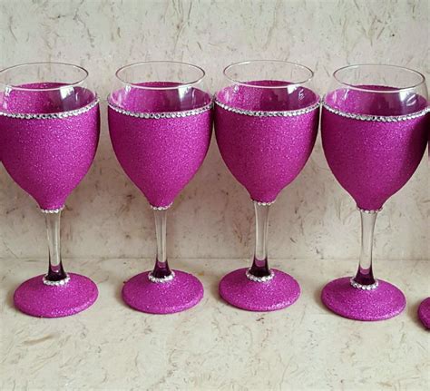 4 Hot Pink Glittered Wine Glasses Wine Glasses Wine Hot Pink