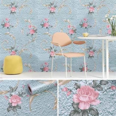 Jual Baru Murah Wallpaper Sticker Dinding Biru Motif Tembok Bunga Mawar