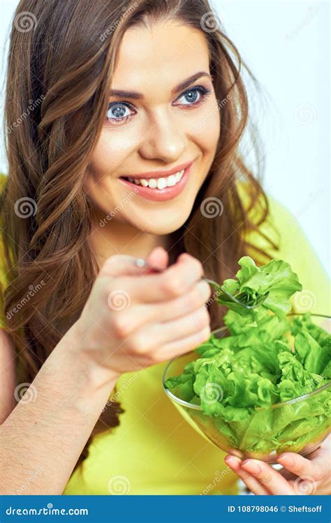 Woman Eating Salad Close Up Face Portrait Of Smiling Woman Stock