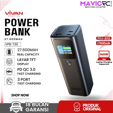 Jual VIVAN VPB T30 Powerbank 27600 MAh 3 Output Fast Charging 140W PD