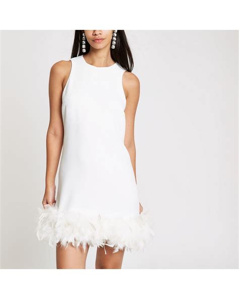 River Island Feather Trim Swing Dress In White Lyst