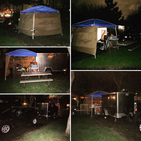 There Are Four Pictures Of A Tent In The Yard At Night And One Is Lit Up