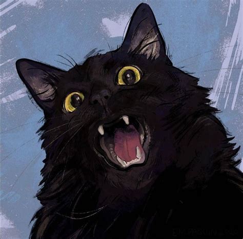 A Black Cat With Its Mouth Open And Yellow Eyes